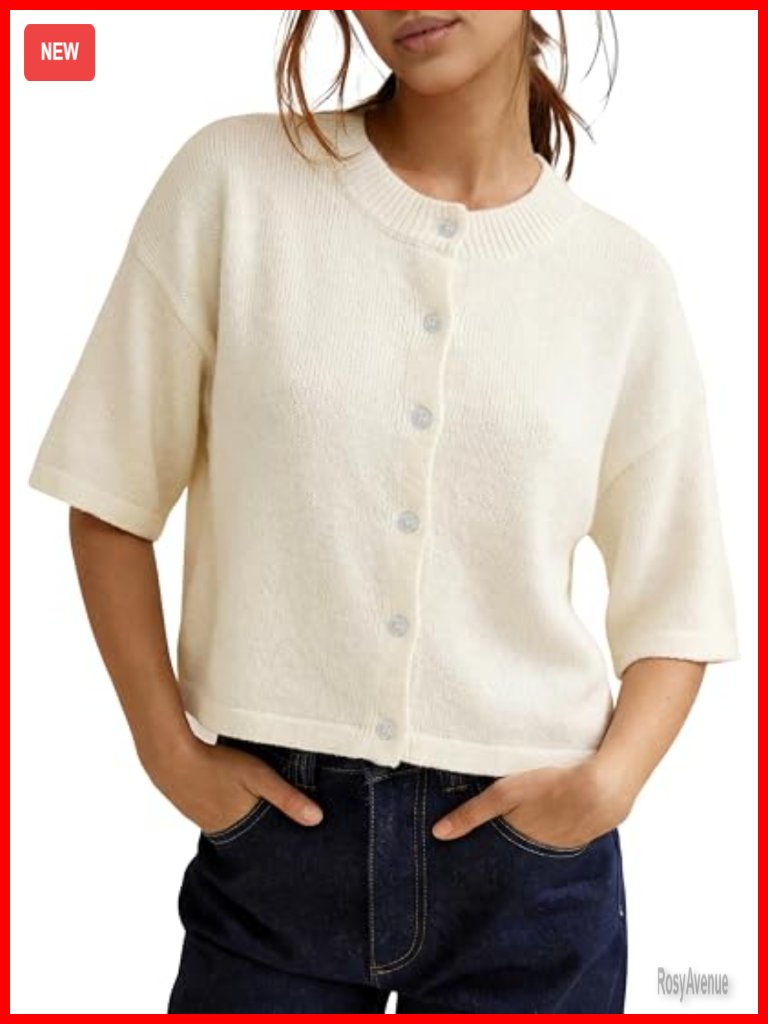 Cropped Cardigan Summer Knit Button Down Lightweight Short Sleeve